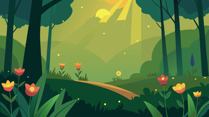 Forest landscape illustration with sun shining through trees and flowers