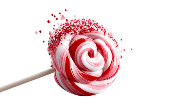 Swirling red and white candy lollipop with sprinkles exploding