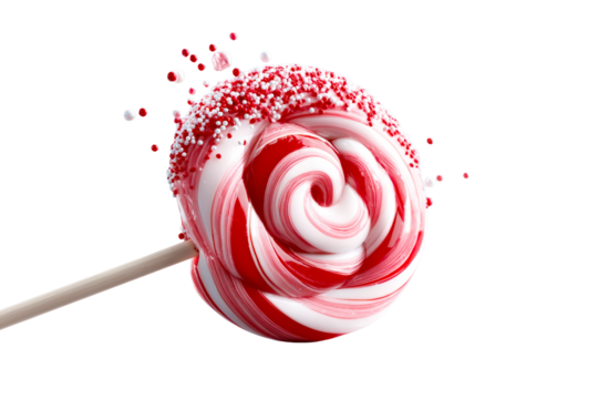 Swirling red and white candy lollipop with sprinkles exploding