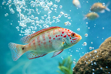 Fototapeta premium A colorful fish with a translucent body, displaying vibrant hues and distinct patterns that shimmer in the light.