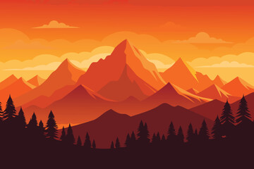 vibrant orange sky over mountain silhouette vector illustration
