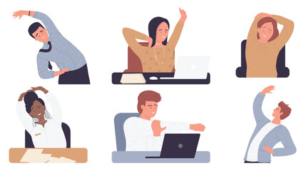 Office fitness with business people isolated vector illustration set. Cartoon woman man office worker characters doing physical healthy exercises, businessman stretching in workplace sport workout