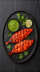 Grilled tandoori fish served with green chutney on a black oval serving plate