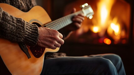 Fototapeta premium Older man playing guitar by fireplace nostalgic light on fingers