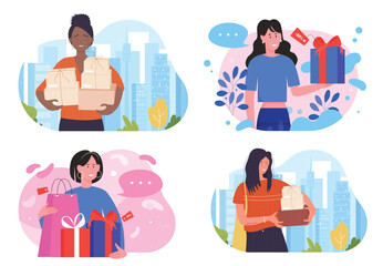 People enjoy discount shop sales set vector illustration. Cartoon girl holding gift box with bow, shopaholic customer woman character with stack of cardboard packagings and bags. Shopping concept