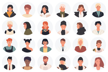 Icon avatars of different young or old people vector illustration set. Cartoon round profile avatars with heads of man and woman, circle human portrait collection for social media isolated on white