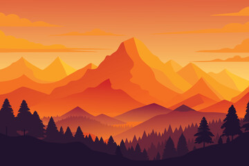 vibrant orange sky over mountain silhouette vector illustration