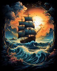 Big ancient pirate ship sailing on rough sea. T-shirt design.
