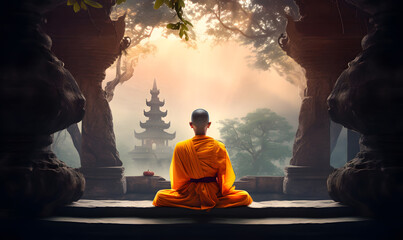 A meditating monk rests in a mountain monastery and prepares for a spiritual ceremony.