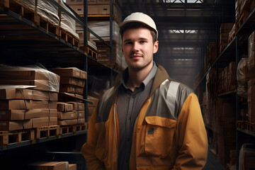 A warehouse worker checks the goods in the shelves with building materials. A store with many shelves with stocked goods.