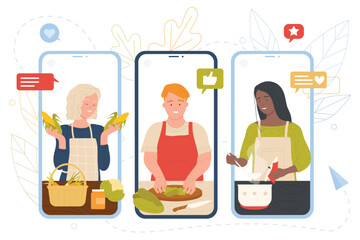 People cooking online on screens of mobile phones vector illustration. Cartoon chef woman and man holding, slicing vegetables to make healthy soup recipe from blog. Cooking service, culinary concept
