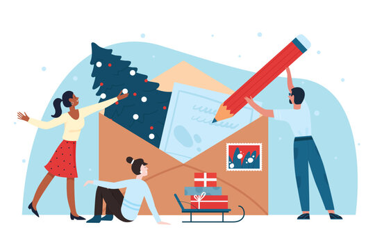 People greeting with Christmas and New Year in letter, winter holidays postcard vector illustration. Cartoon tiny man holding pencil to write mail message, Christmas tree, gifts in envelope with stamp