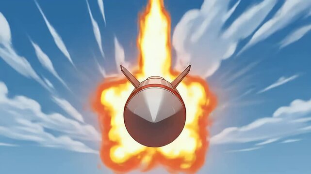 Close-up cartoon missile with flame exhaust flying forward