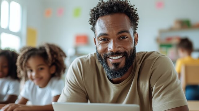 A joyful man with a beard engages with children in a classroom, fostering a spirit of learning and connection, beautifully capturing the essence of education and mentorship.