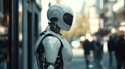 Naklejka premium A robotic man standing in a city environment is shown