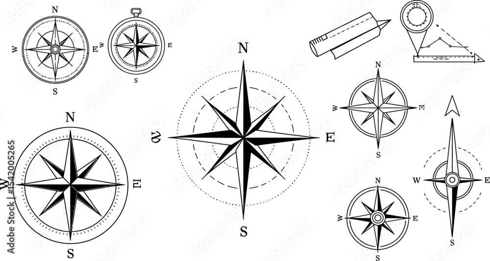 Poster compass rose vector graphics nautical navigation direction orientation travel exploration design ele