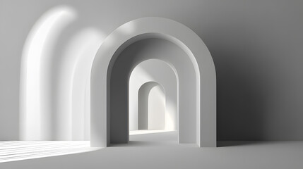 3D Arch Frame in Soft Matte Gray with Natural Light Shadows offers modern serene visual ideal sophisticated branding. The smooth matte gray finish adds a sense of calm and minimalism, while the arched