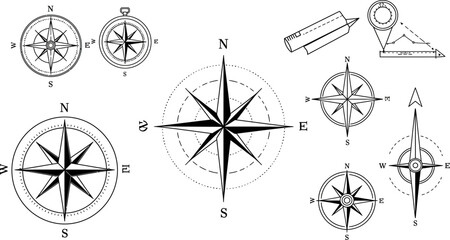 Compass rose vector graphics nautical navigation direction orientation travel exploration design elements set editable stock vector illustration