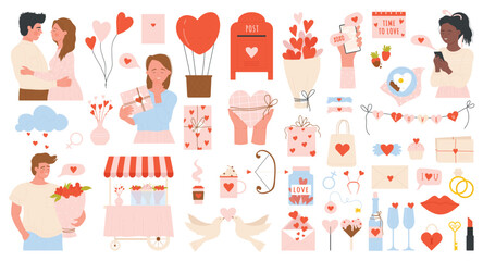 Love, romantic collection vector illustration. Cartoon couple people in love, hugging or sending love messages, giving flowers, cute gifts elements for scrapbook. Valentines Day, romance concept