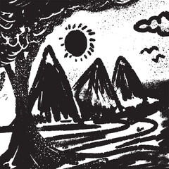 Hand drawn mountain scenery sketch with hills, pine trees and clouds. Line design with grunge style