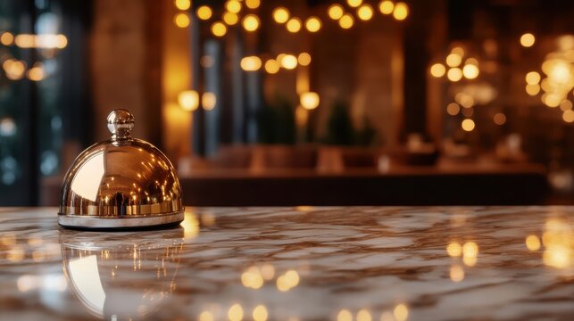 A classic service bell gleams under warm, ambient lighting, on a smooth marble surface, reflecting an inviting and sophisticated atmosphere perfect for hospitality.