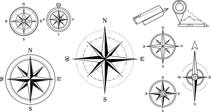 Compass rose vector graphics nautical navigation direction orientation travel exploration design elements set editable stock vector illustration