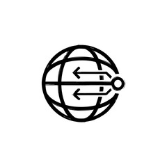 A globe with arrows pointing in opposite directions connected to a circle