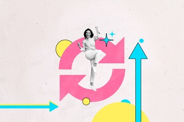 Trend artwork banner sketch 3D collage of arrow cycle young lady stand smile success strategy...