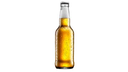 Chilled bottle of beer with condensation on transparent background
