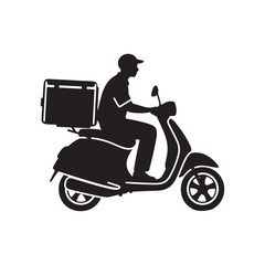 Silhouette of Delivery Man Riding Motorbike – Courier Service Vector Illustration

