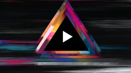 Wide Glitch Banner with Glitched Triangle Play Icon. Designs for Banners, Web Pages, Presentations. Vector Illustration.