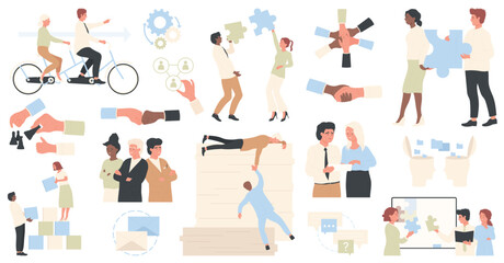 Teamwork of business people set vector illustration. Cartoon team of corporate office workers work on productive strategy, support in career isolated on white. Partnership, communication concept