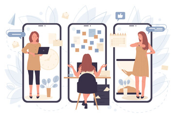 Office business people work and control time on screens of mobile phones vector illustration. Cartoon personnel effective time management and organization, punctuality in deadline, online appointment