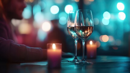Two elegantly crafted wine glasses filled with sparkling drink are set on a table, illuminated by candles, embodying a romantic and cozy evening ambiance.