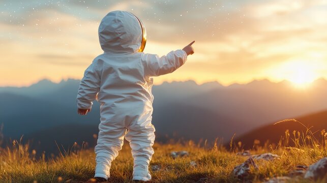 A young child dressed in a white astronaut suit stands on a grassy hill pointing towards the sky, evoking a sense of wonder and curiosity about the universe during sunset.