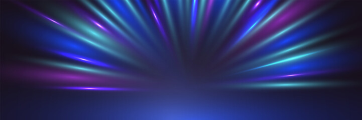 Neon lights and glowing stage beams in a futuristic spotlight scene on dark background. Perfect for events, concerts, or tech visuals. Vector Illustration