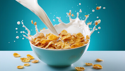 a bowl of breakfast cereal with a milk splash on an isolated background