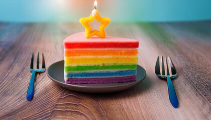 rainbow layer cake star candle bright background bakery delicious round plate