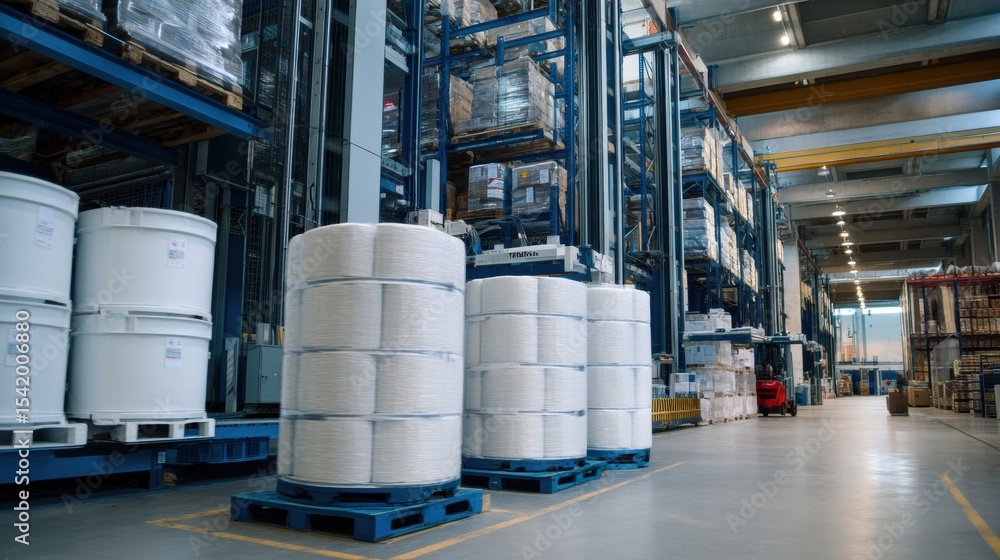 Poster modern warehouse with automated systems for sorting and storing goods. facility features high shelve
