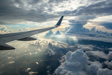 Naklejka premium A plane wing cuts through a cloudy sky, offering a glimpse of the vastness of the atmosphere.