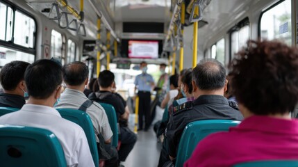 Public transport vehicle interior filled with passengers seated on teal chairs, listening to safety announcement from driver. atmosphere is focused and attentive