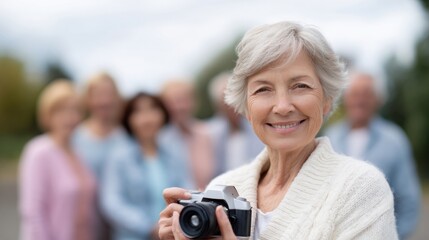 Senior woman smiling while holding camera, surrounded by group of people in background. scene conveys joy and connection through photography