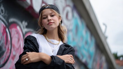 Stylish teenager poses confidently in urban setting, showcasing blend of street fashion and attitude. vibrant graffiti backdrop enhances youthful vibe
