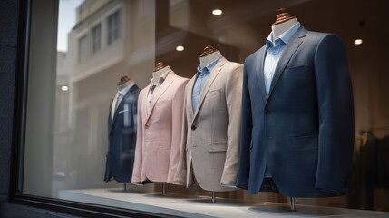 Stylish suit shop window display featuring elegant suits in various colors, showcasing modern fashion trends and sophistication. display invites customers to explore tailored options
