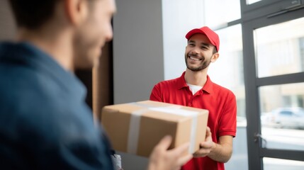 Smiling courier hands over package to customer, showcasing friendly delivery experience in modern indoor setting. interaction conveys warmth and professionalism