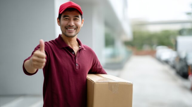 Satisfied delivery person giving thumbs up while holding cardboard box, showcasing positive attitude and excellent service. background features modern urban setting