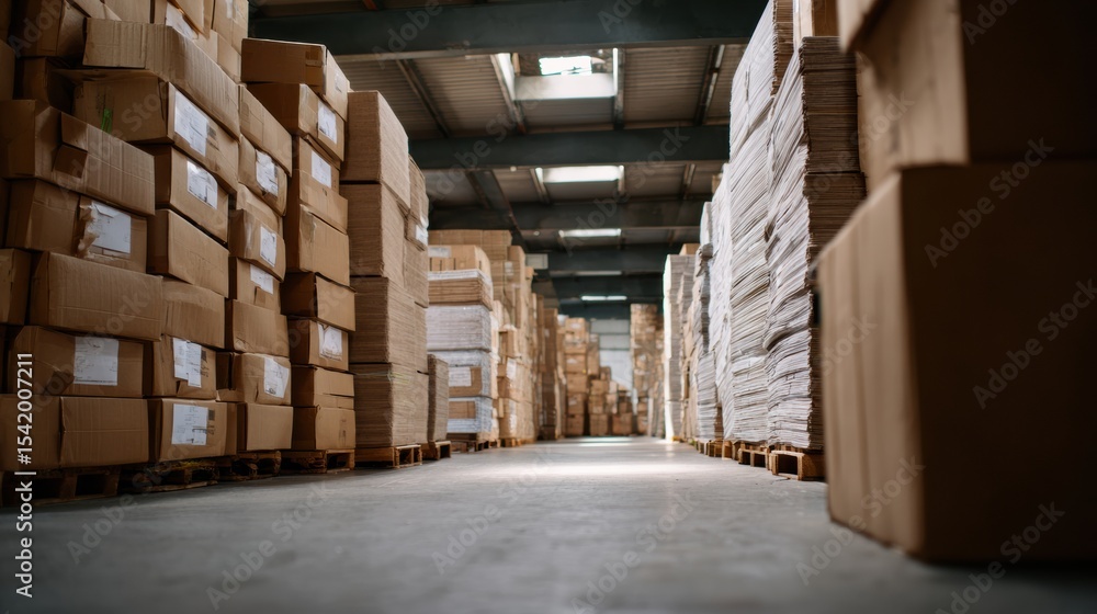 Poster warehouse filled with neatly stacked cardboard boxes, creating sense of organization and efficiency.