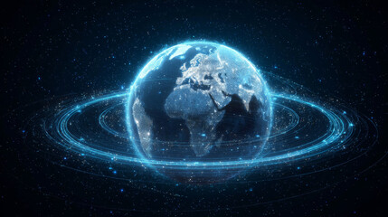 Hologram of futuristic planet Earth with digital glowing map of dots. Hi-tech HUD circles. Abstract rings in the orbit with stars on dark background. Global communication system. Vector. EPS 10