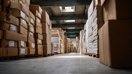 Warehouse filled with neatly stacked cardboard boxes, creating sense of organization and efficiency. lighting highlights orderly arrangement, evoking feeling of productivity and readiness