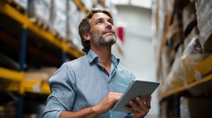 Efficient warehouse manager using tablet to oversee inventory in large storage facility, showcasing thoughtful expression while ensuring smooth operations